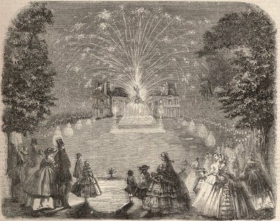 Fyrverkeri og belysning av slottet til Maison Laffitte (House-Laffitte) på kvelden for landbrukskomiteens konkurranse. Gravering i “Le Monde illustrious”” fra 1857. Privat samling. av Unknown artist