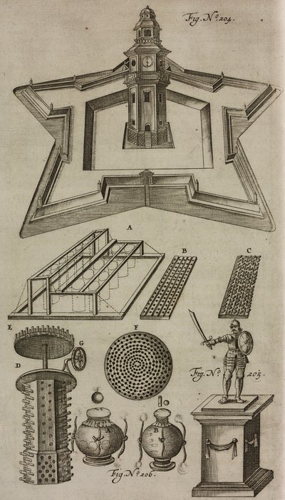 Fyrverkeritårn, pyrotekniske oppvisningsmaskiner, gravering fra Grand Art d#39;Artillerie, av Casimir Siemienowicz av Unknown artist