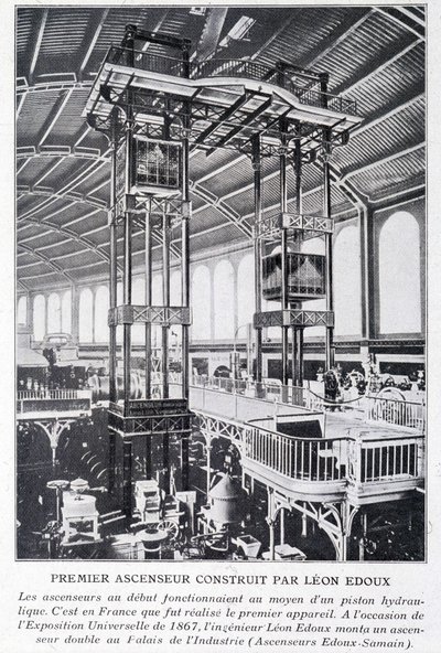 Første heis bygget av Léon Edoux på den universelle utstillingen i 1867 av Unknown artist