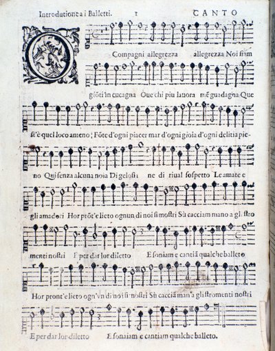 Første side av Balletter for fem stemmer av Giovanni Giacomo Gastoldi av Unknown artist