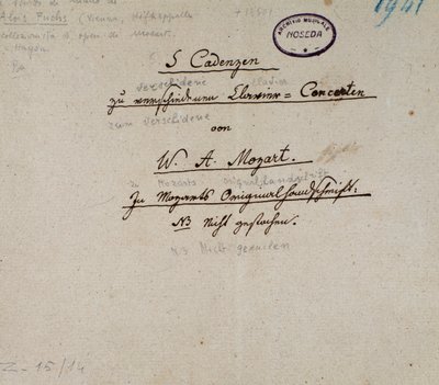 Første side av et manuskript med 5 kadenser for piano av Mozart (manuskript av Unknown artist