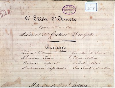 Første side med noteark til The elixir of love, opera av Gaetano Donizetti av Unknown artist