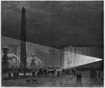 First public experience of electricite lighting made in Paris on the Place de la Concorde by Deleuil and Leon Foucault at the me of December 1844. in “” La Nature. Review of sciences and their applications to the arts and industry.”” av Unknown artist