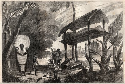 Første reise (1768-1771) til kaptein James Cook (1728-1779): en fia-toka (fia toka), gravbygning på Tahiti - illustrasjon hentet fra "" The Great Mariners of the 18th century"" av Unknown artist