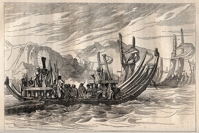 Første reise (1768-1771) til kaptein James Cook (1728-1779): Tahiti-flåten samlet i Oparee - illustrasjon hentet fra "The Great Mariners of the 18th century"" av Unknown artist