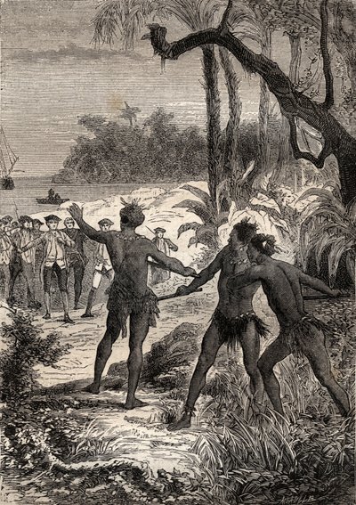 Første reise (1768-1771) til kaptein James Cook (1728-1779): mens Cook og ti sjømenn seiler på meridionalkysten av New Guinee, reiste tre indianere seg ut av skogen med store skrik - illustrasjon hentet fra "The Great Mariners of det 18. århundre"" av Unknown artist