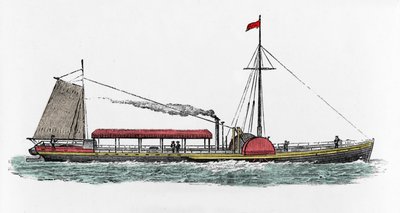 Første seilas av dampbåten "Clermont" av Robert Fulton (1765-1815), amerikansk ingeniør på Hudson River, USA av Unknown artist