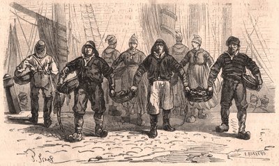 Fiskere med kurver fulle av fisk på kaien i havnen i Trouville, Frankrike av Unknown