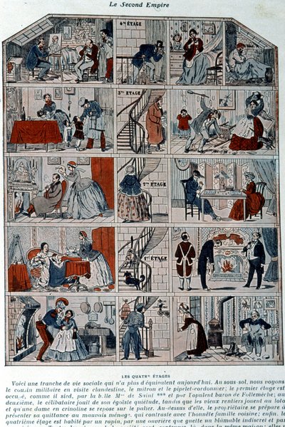 Fem etasjer som viser de forskjellige sosiale klassene under det andre imperiet. Illustrasjon representert som et tverrsnitt av en parisisk bygning. av Unknown artist