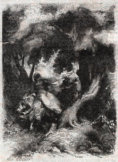 Flight of Angelica (Angelica) during the battle - engraving of 1851 from “” Furious Roland”” (Orlando furioso) (16th century) by Ludovico Ariosto, known as the Ariosta - Edition translated from Italian by the Count of Tressan and published by Gustave Harva av Unknown artist