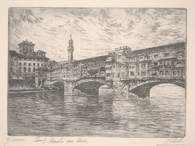 Firenze, Ponte Vecchio med tårn, sannsynligvis sent på 1800-tallet (radering) av Unknown artist