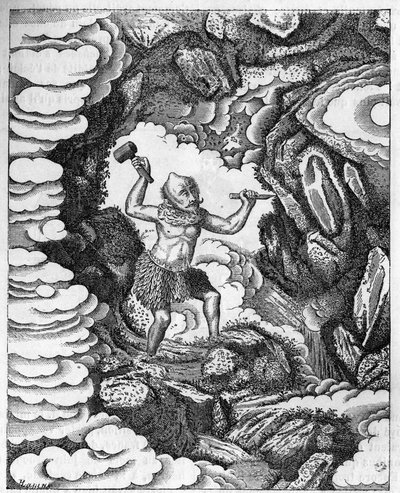 Dannelse av verdener: den kinesiske guden Pan-Kou-Che skjærer ut jordens bark. Gravering i «Le journal de la jeunesse»» av Unknown artist