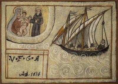 Tidligere voto (ex voto) sjømann, populært tilbud som et løfte om hengivenhet og takknemlighet for sjømannen som overlever til farene ved havet som kommer fra kirken Carmine, Torre del Greco, nær Napoli, Italia fra 1800-tallet av Unknown artist