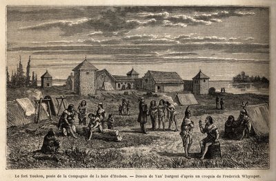Fort Youkon, i Gulf of Norton, Alaska, grunnlagt i 1847, en etablering av Hudson Bay Company, indianere slo leir rundt palisadene. Gravering for å illustrere reisen og eventyrene i engelsk Colombia, Vancouver Island og Alaska, av Frederick av Unknown artist