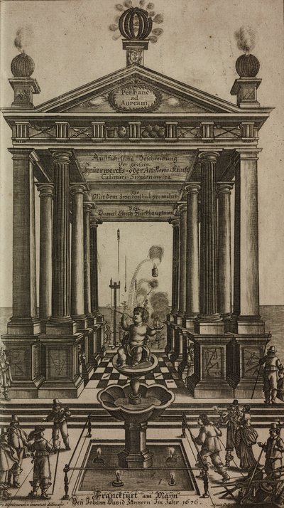 Fontene med kjerub og tempel, gravering, frontispiece fra Grand Art d#39;Artillerie, av Casimir Siemienowicz av Unknown artist
