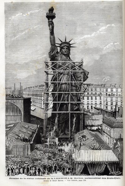 Frankrike, Paris, gir Frihetsgudinnen til USAs ambassadør - Pakking av statuen av Liberte laget av Frederic Auguste Bartholdi (1834-1904) i stillas for å transportere den fra Paris til Amerika av Unknown artist