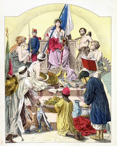 Frankrike, under trekkene til Marianne, omgitt av sine personifiserte kolonier - i "Histoire de France"", av E. Grobet, ca. 1915 av Unknown artist