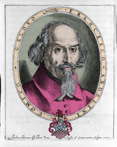 Francesco Andreini (ca. 1548-1624) italiensk skuespiller og dramatiker av Commedia dell'arte. Gravering i "" Le Bravure del Capitano Spavento "", Venezia 1624 av Unknown artist