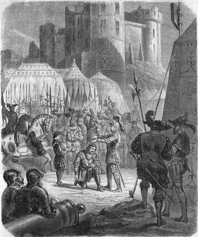 Frans I av Frankrike ber om å bli riddet av Chevalier Bayard etter seier i slaget ved Marignano, Italia av Unknown artist