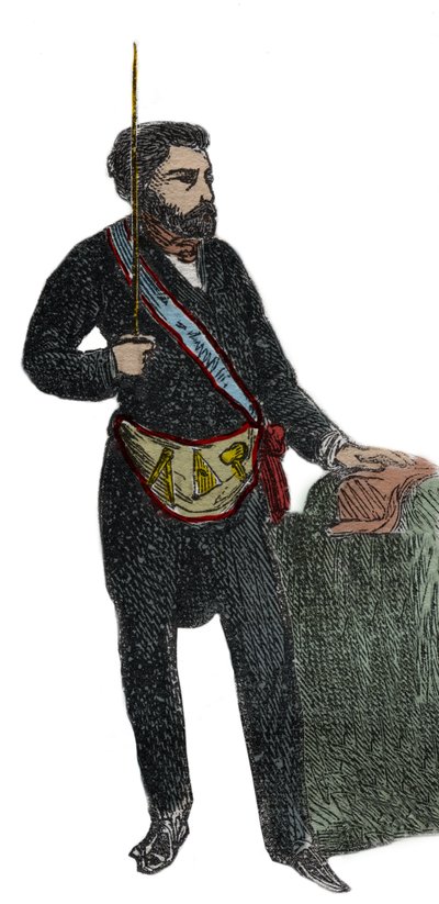 Frimureriet - Kostyme til en frimurer for hans mottagelse i graden Master - Franc Maconnerie: Outfit de franc macon (forkle) Gravering fra 1879 i "History of secret, political and religious societies" av Pierre Zaccone (1817-1895) av Unknown artist