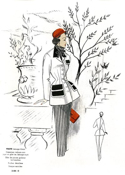 Fransk mote, antrekksdesign i ull. av Unknown artist
