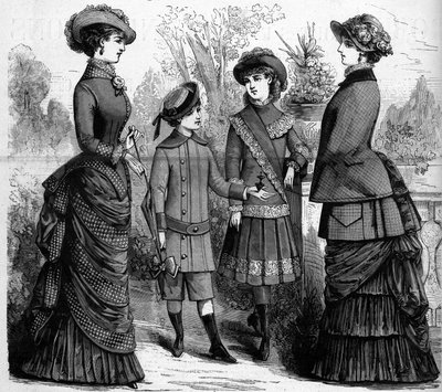 Fransk feminin og barnemote på 1800-tallet. Reklame for 1882. Gravering i "" The Illustrous World"" nr. 1302 av 11. mars 1882. av Unknown artist