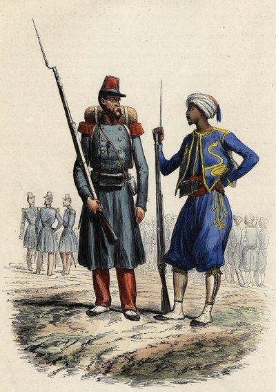 French military uniform: On the left, a foreign legion formed and sent to Algeria in 1831. On the right, indigenous riders, trained and sent to Algeria in 1841. In L
