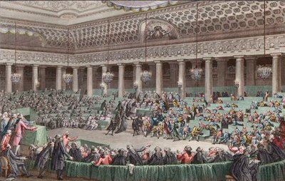 Fransk revolusjon - Nasjonalforsamlingen gir avkall på alle privilegier, 4. august 1789, gravert av Helman - Assemblee - Nationale Abandonment de tous - les privilegier, en Versailles, Seance de la - Nuit du 4 au 5 april 1789 av Unknown artist