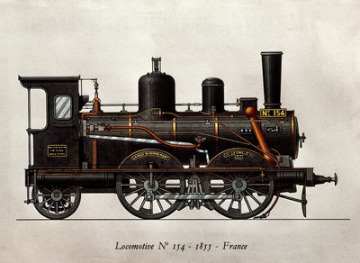 Fransk tog: Lokomotiv Numero 154 av 1855. Gravering. Paris, dekorativ kunst av Unknown artist
