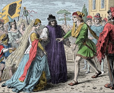 Friedrichs mottakelse av Eleanor - Frederic III (Frederik V av Habsburg) (1415-1493), romersk keiser mottar Alienor av Portugal (1434-1467) av Unknown artist