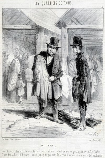 Fripier fra tempeldistriktet i Paris prøver å selge klær til en mann. Gravering av 1800-tallet. av Unknown artist