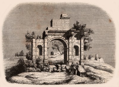 Forfra av den romerske buen til Djemilah i Algerie: to franske soldater poserer foran ruinene av Unknown
