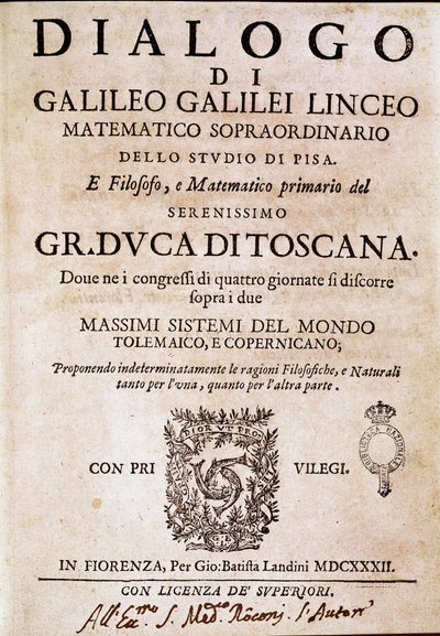 Frontispice of "" Dialogue on the Two Great Systems of the World"" (dialogo sopra i due massimi sistemi del mondo) bestilt av pave Urban VIII til astronomen og fysikeren Galileo Galilei dit Galilee (1564-1642) rundt 1620 og publisert i 1632 Det av Unknown artist