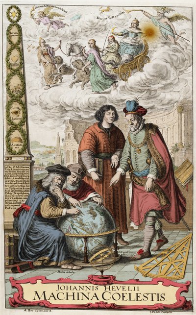 Frontispice av “Machina coelestis” av Johannes Hevelius (Jan Heweliusz) (1611-1687) 1673 - Johannes Hevelius (1611-87) polsk astronom; bildet viser de fire store astronomene, Hipparchus (ca. 190-120 f.Kr.) (Hipparchus), Ptolemaios (83-161 e.Kr.) (Claude Pt av Unknown artist