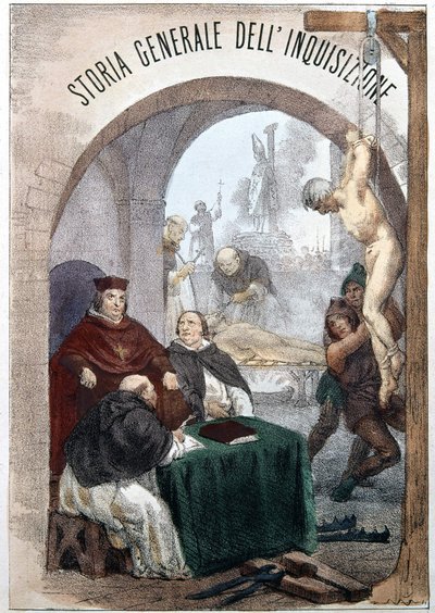 Frontispice of The General History of the Inquisition av Pietro Tamburini med en illustrasjon som viser scener med symbolsk inkvisisjon. Milano 1850. av Unknown artist