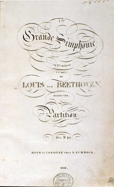 Frontispice av den første tyske utgaven av partituret til Symphony n. 1 i C-dur av den tyske komponisten Ludwig van Beethoven (1770-1827) (1799-1800). Bonn av Unknown artist