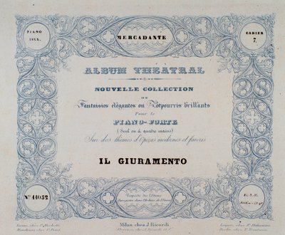 Frontispice av operaen Il Giuramento, av Mercadante (1837) av Unknown artist