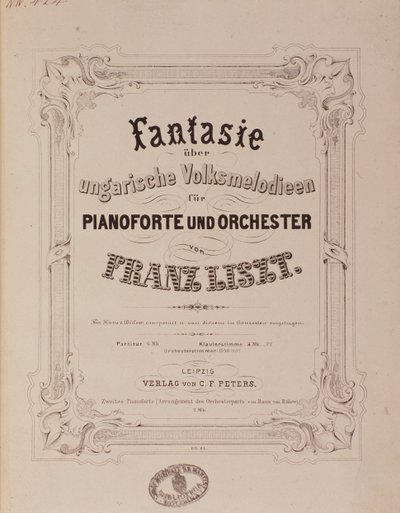 Frontispice av partituret "" Fantasy for piano and orchestra "" av Franz Liszt (1811-1886) Bologna fra 1800-tallet, civico museo musicale av Unknown artist
