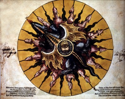 Frontispice som representerer en sol - i "Astronomicum Caesarium", avhandling om astronomi om teorien om Ptolemeus, av P. Apiano. av Unknown artist