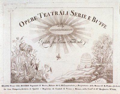 Frontispice for musikalske partiturer fra seriene med teaterverk og buffe av Gioacchino Rossini av Unknown artist