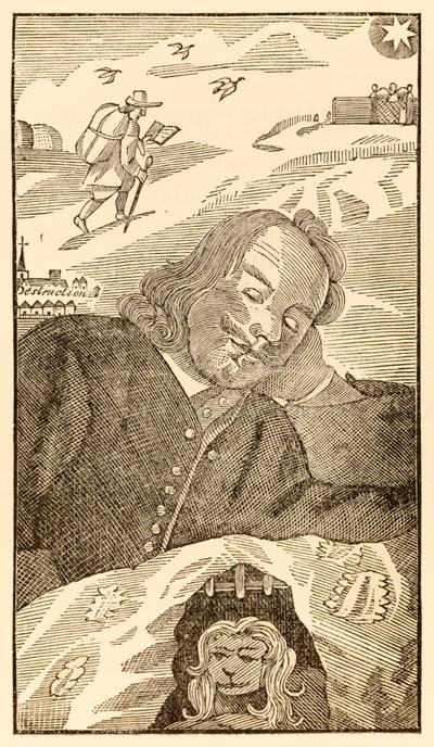 Frontispice fra The Pilgrims Progress From This World, To That What Is To Come av John Bunyan (1628-1688) som viser forfatteren som drømmer om pilgrimen Christian tynget av kunnskapen om sin synd av Unknown