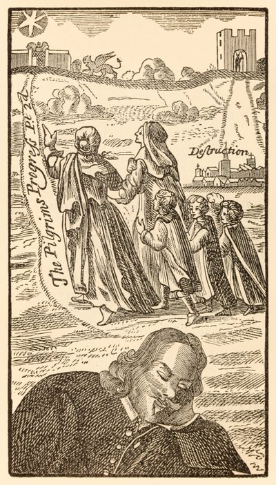 Frontispice fra den andre delen av The Pilgrims Progress From This World, To That What Is To Come av John Bunyan (1628-1688) som viser forfatteren som drømmer om den kristne familien, hans kone Christiana og av Unknown