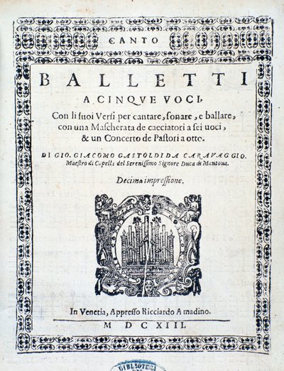 Frontispice av Balletti for fem stemmer av Giovanni Giacomo Gastoldi av Unknown artist