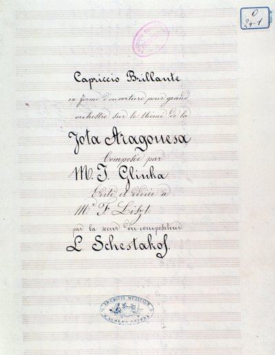 Frontispice av Capriccio briljant med temaet Jota Aragonese (spansk ouverture nr. 1) av Mikhail Glinka av Unknown artist