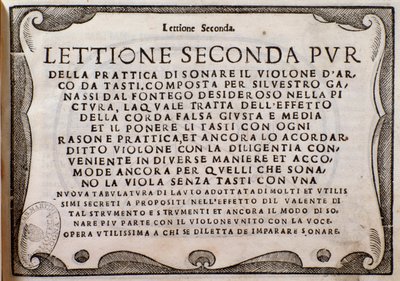 Frontispice av Second Lettione av Silvestro Ganassi fra Fontego av Unknown artist