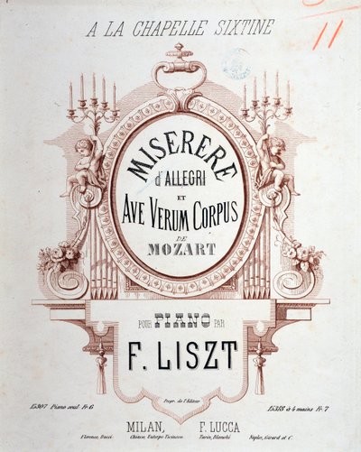 Frontispice av Miserere av Allegri og Ave verum corpus av Mozart, transkribert av Liszt for piano (1865) av Unknown artist