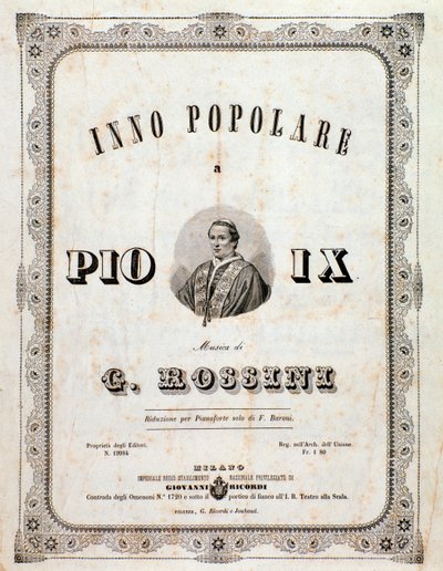 Frontispice av musikalsk partitur Populær salme for Pius IX av Gioacchino Rossini av Unknown artist