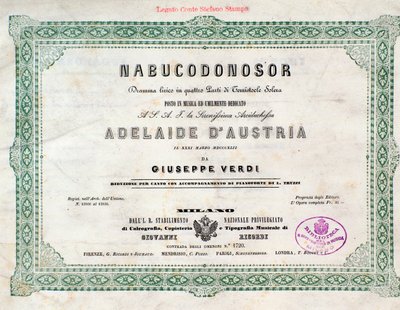 Frontispice av musikalsk partitur av Nabucco-operaen av Giuseppe Verdi av Unknown artist