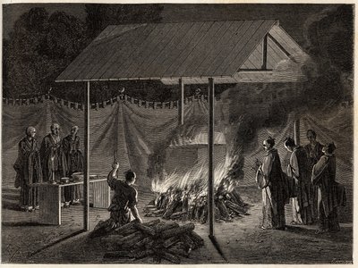 Begravelsesseremonier: rituell forbrenning. Gravering for å illustrere reisen til Japan i 1863-1864, av Aime Humbert, minister for det sveitsiske konføderasjonen, i "Le tour du monde, nouveau journal des voyages", utgitt under ledelse av Edouard Charton av Unknown artist