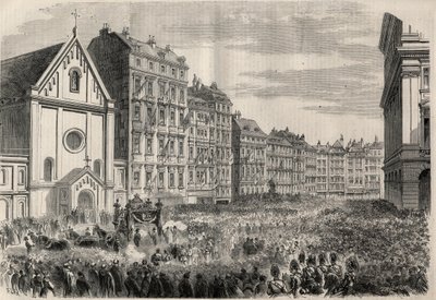 Begravelse til keiser Maximilian I av Mexico (1832-1867): ankomst av begravelsescortesjen foran Capuchins Church of Vienna. Gravering i "" L